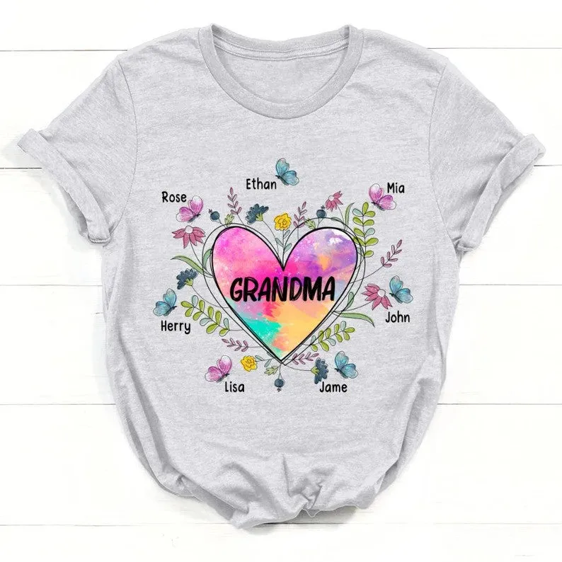 Shirt for Grandma Nana, Grandma Heart With Grandkids Flower Art T-Shirt, Personalized Mothers Day Shirt for Nan with Custom grandkids