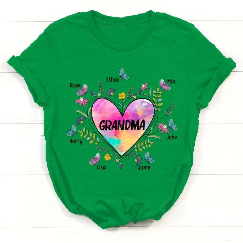 Shirt for Grandma Nana, Grandma Heart With Grandkids Flower Art T-Shirt, Personalized Mothers Day Shirt for Nan with Custom grandkids