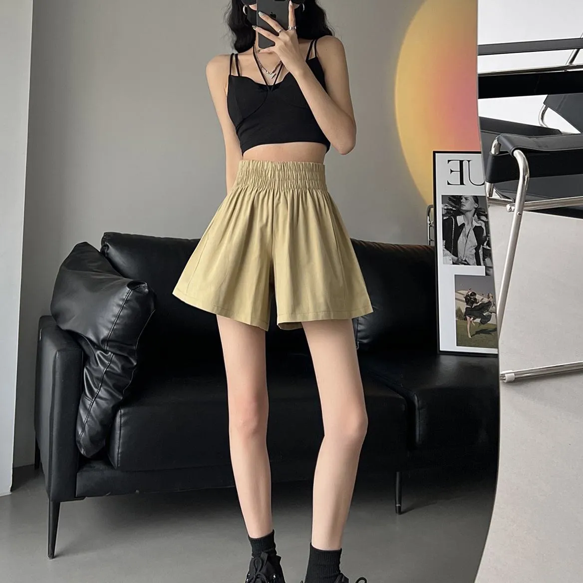 Slimming Thin Casual High-Waisted Loose Fit A-Line Elastic Washed Cotton Workwear Shorts