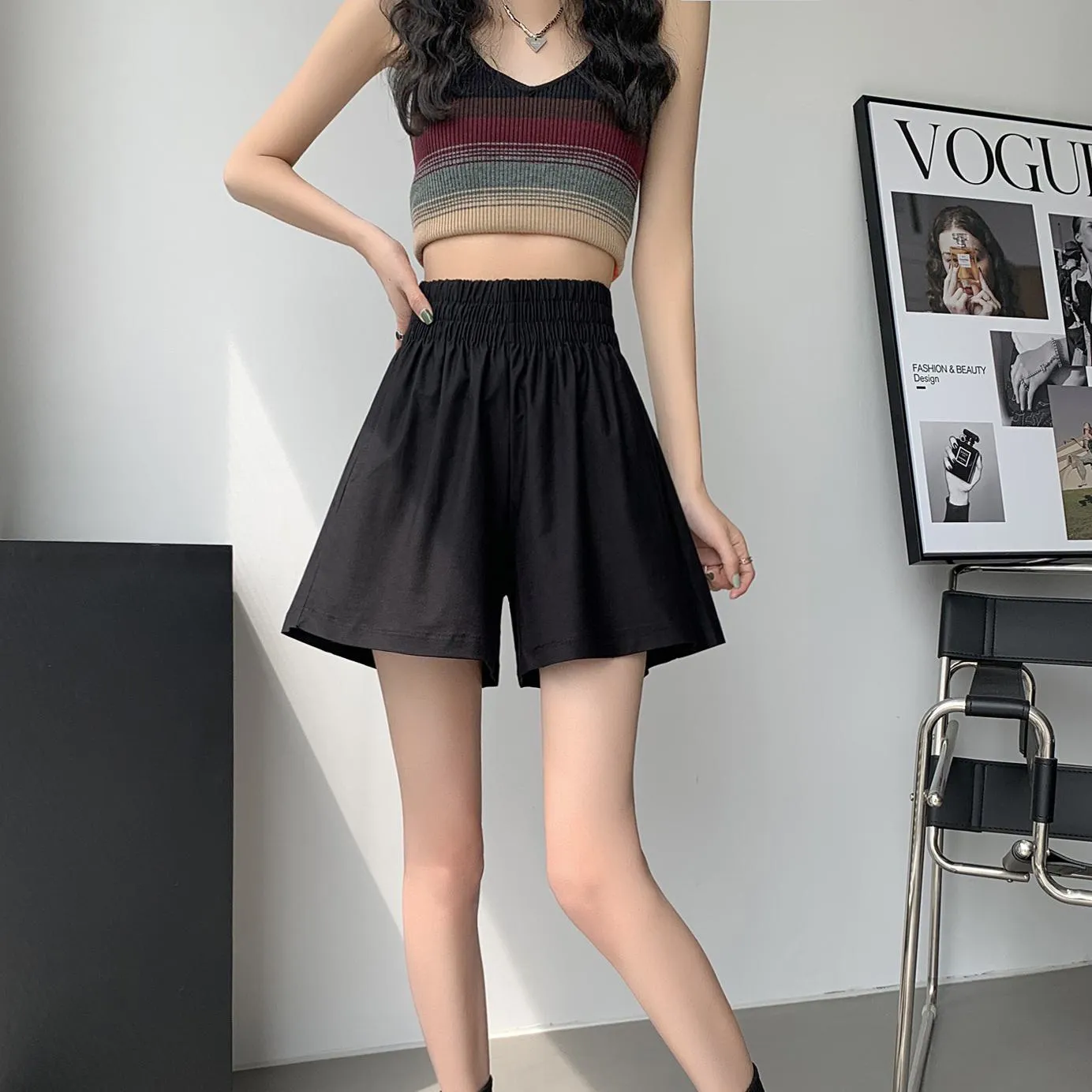 Slimming Thin Casual High-Waisted Loose Fit A-Line Elastic Washed Cotton Workwear Shorts