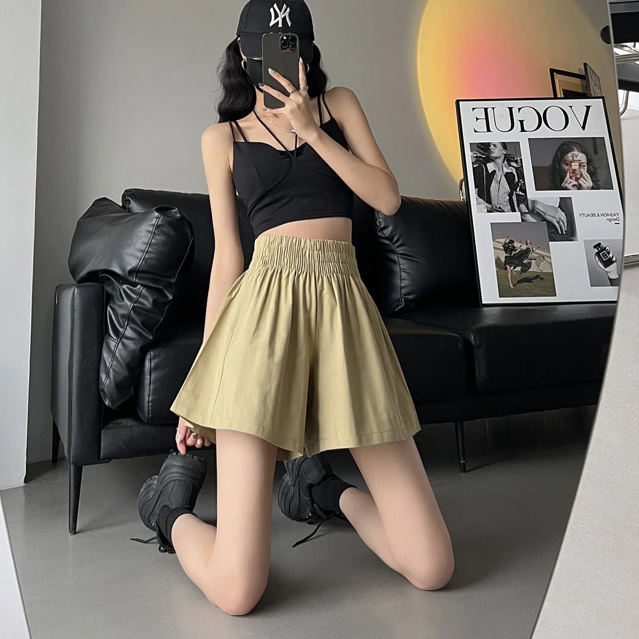 Slimming Thin Casual High-Waisted Loose Fit A-Line Elastic Washed Cotton Workwear Shorts