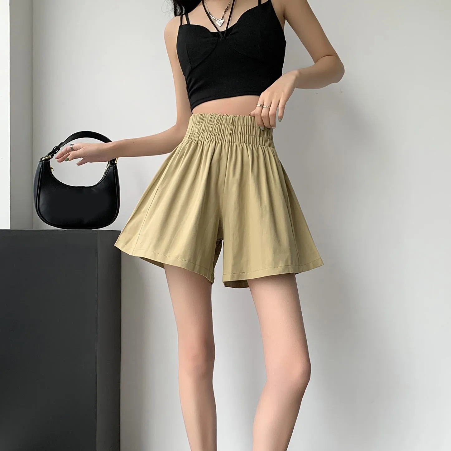 Slimming Thin Casual High-Waisted Loose Fit A-Line Elastic Washed Cotton Workwear Shorts