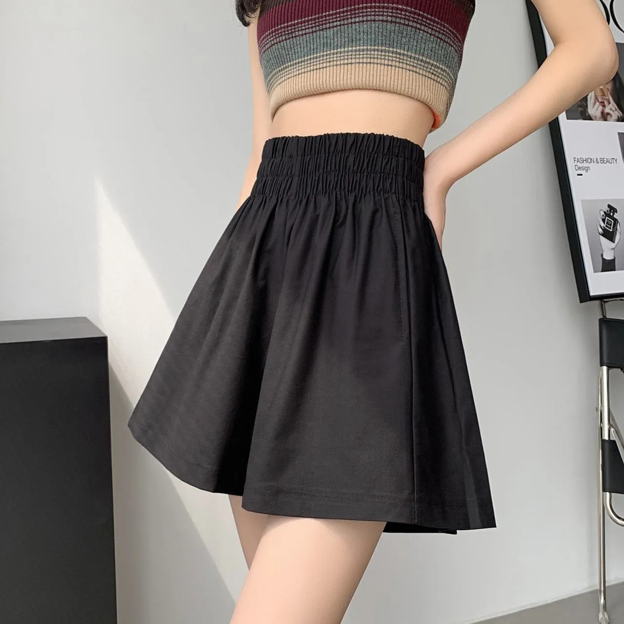 Slimming Thin Casual High-Waisted Loose Fit A-Line Elastic Washed Cotton Workwear Shorts