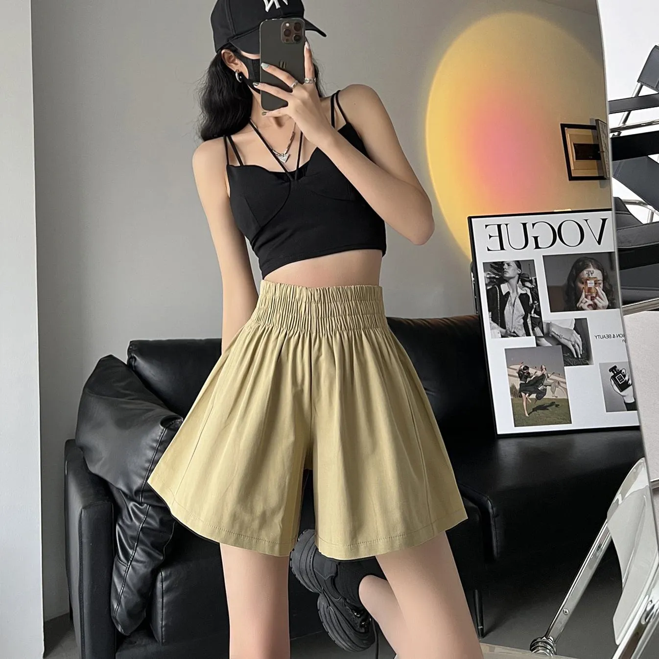 Slimming Thin Casual High-Waisted Loose Fit A-Line Elastic Washed Cotton Workwear Shorts