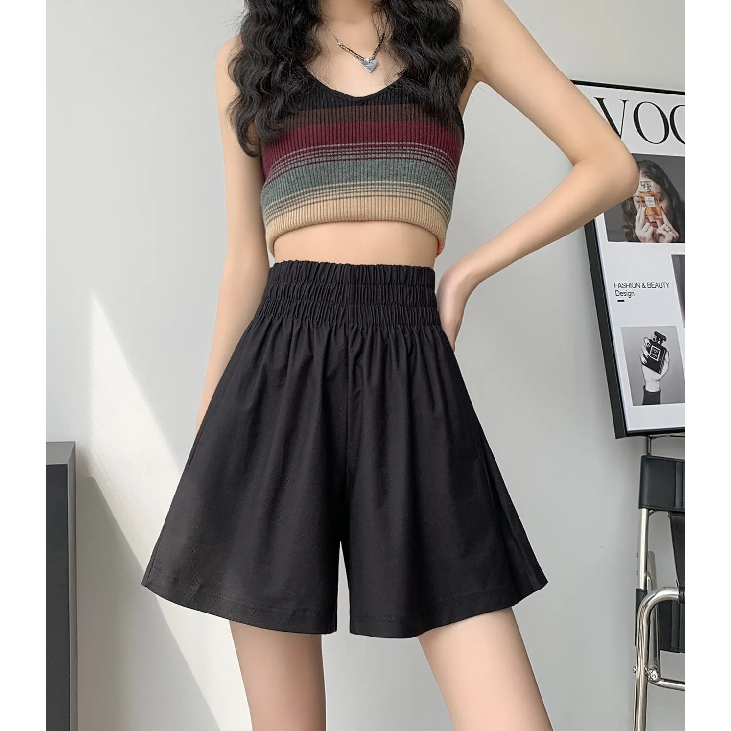 Slimming Thin Casual High-Waisted Loose Fit A-Line Elastic Washed Cotton Workwear Shorts