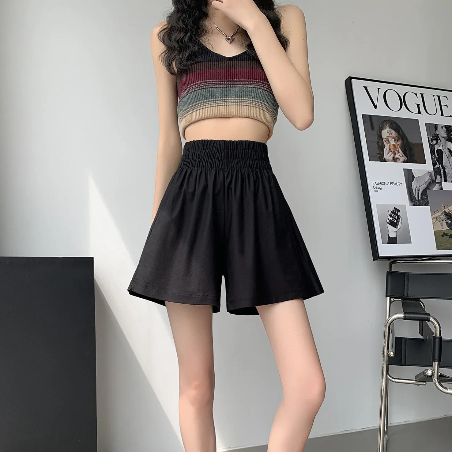 Slimming Thin Casual High-Waisted Loose Fit A-Line Elastic Washed Cotton Workwear Shorts