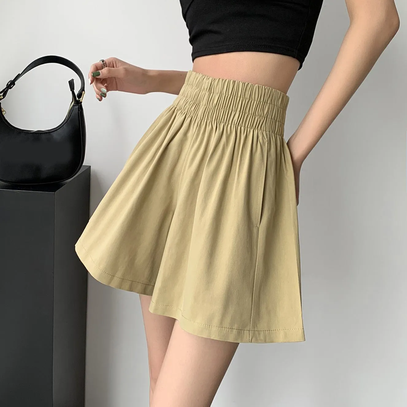 Slimming Thin Casual High-Waisted Loose Fit A-Line Elastic Washed Cotton Workwear Shorts