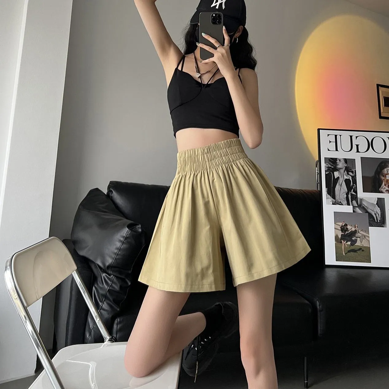 Slimming Thin Casual High-Waisted Loose Fit A-Line Elastic Washed Cotton Workwear Shorts