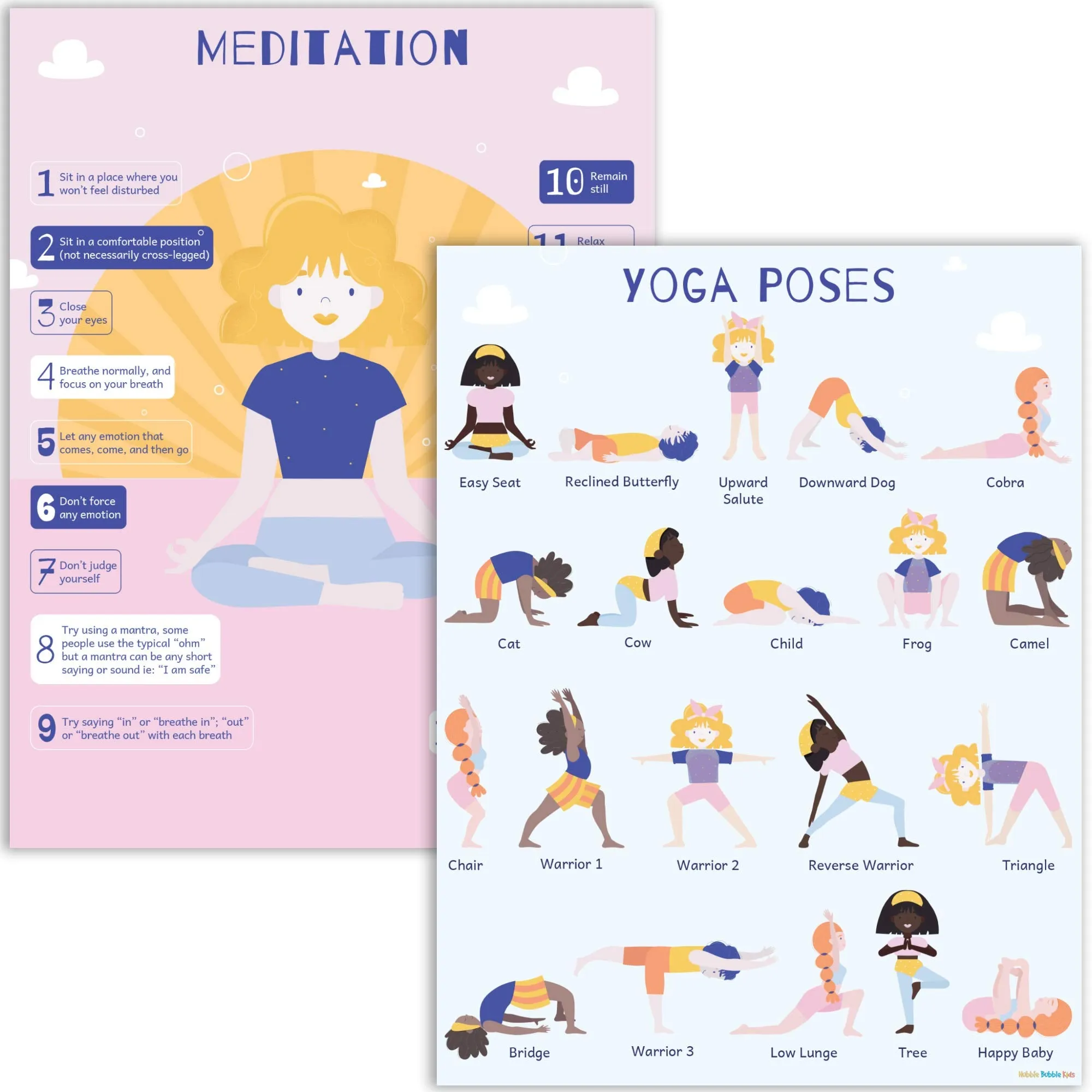 Yoga and Mindfulness Poster Set - 2 Pack Includes 1 Yoga for Kids Poster and 1 Meditation